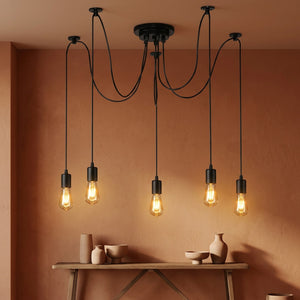 Lustre industriel 5 têtes filament Edison ambiance terracotta chaleureuse