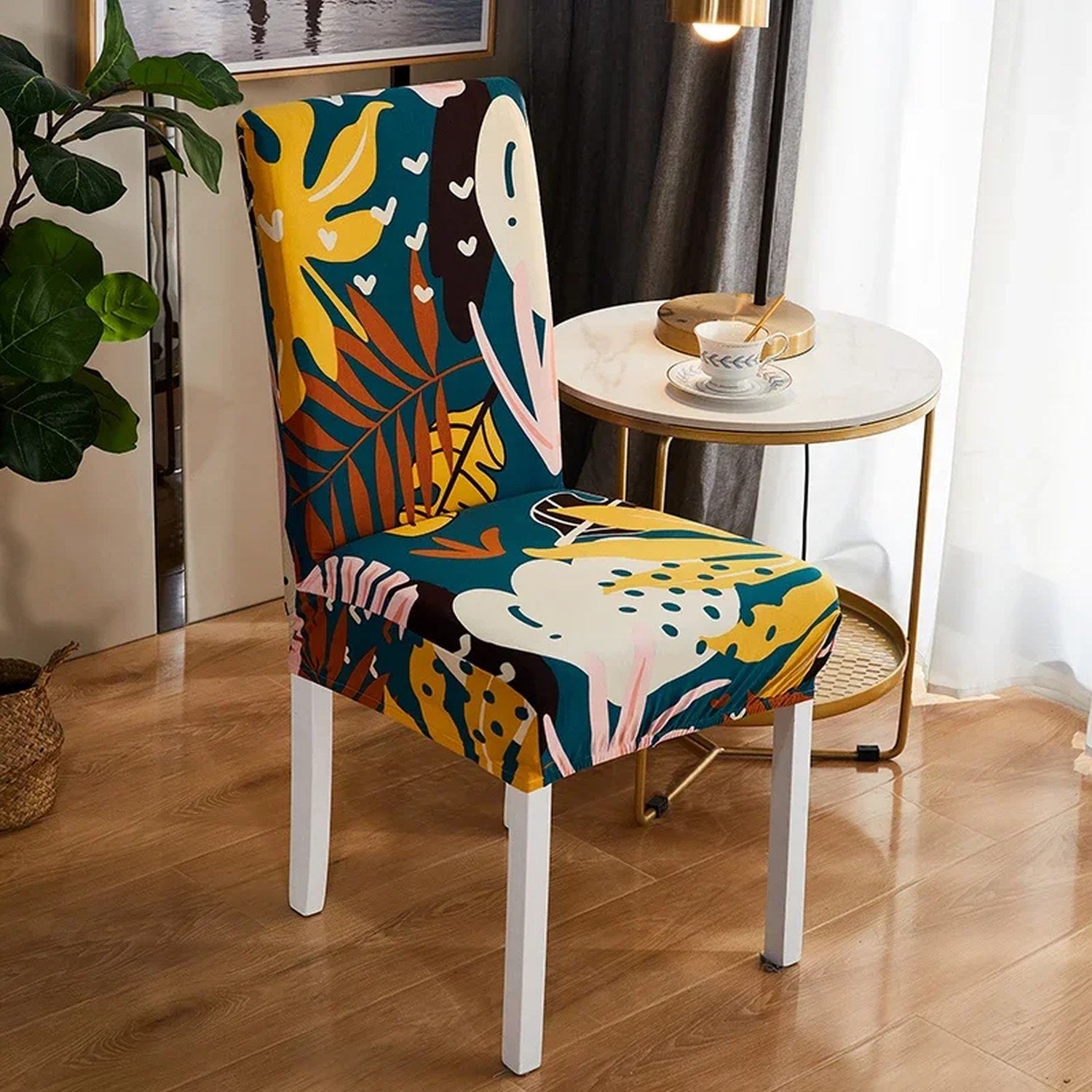 Housse de chaise imprimée feuillage tropical coloré
