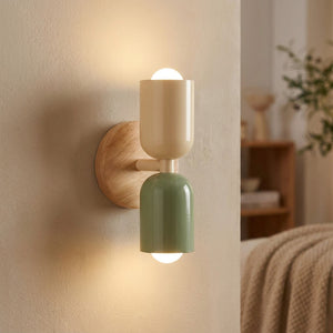 Applique murale LED double tête beige et vert sur socle en bois