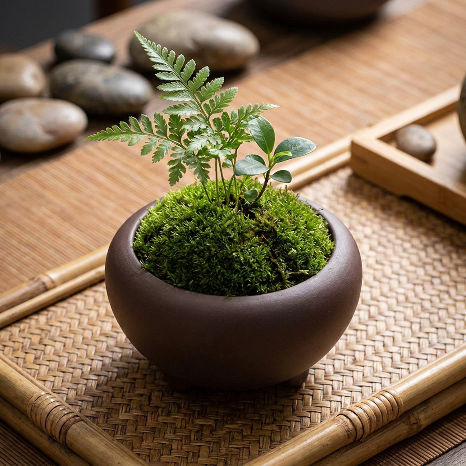 Bol arrondi céramique brun mat avec mousse et fougère zen