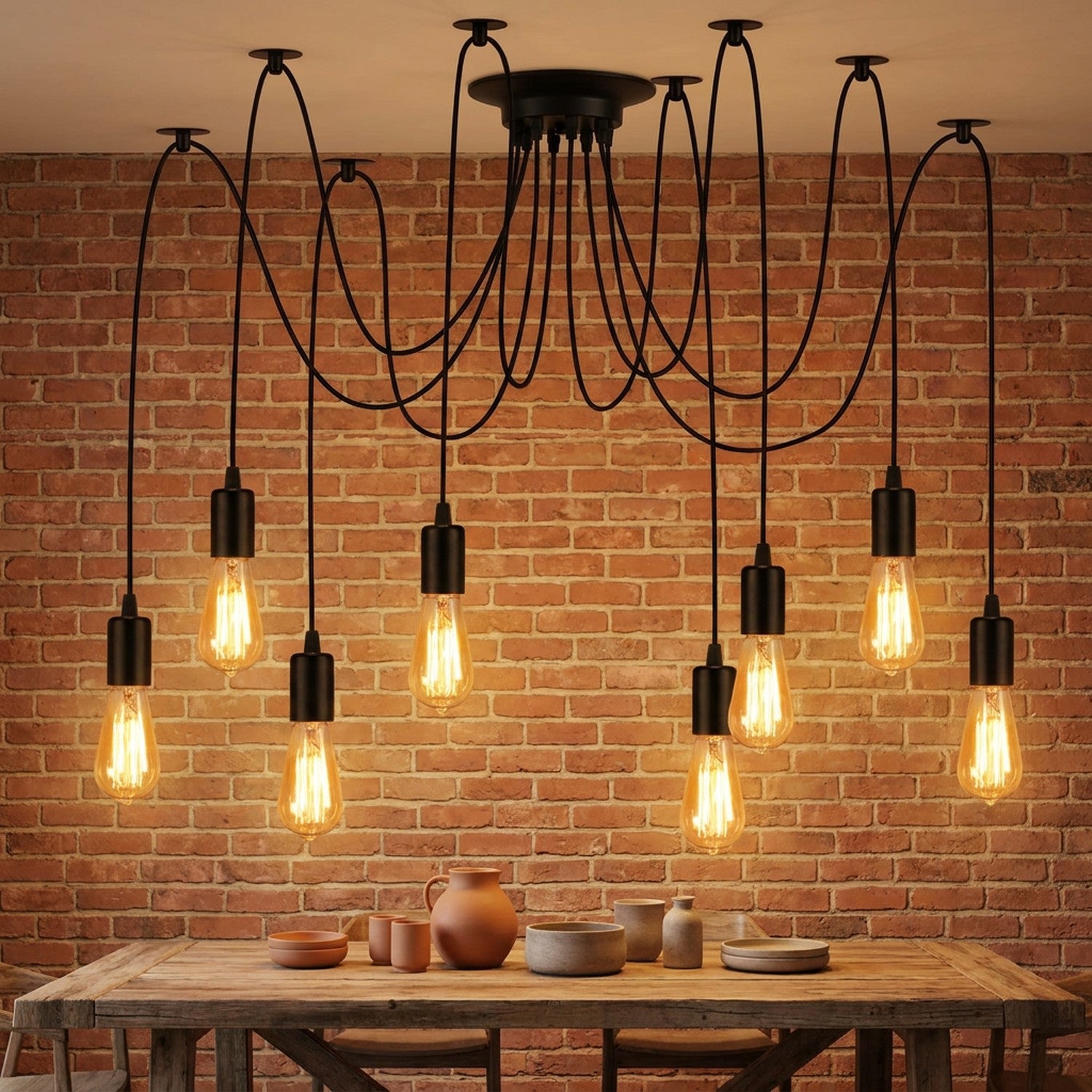 Lustre araignée 8 têtes ampoules Edison mur brique rouge industriel chic