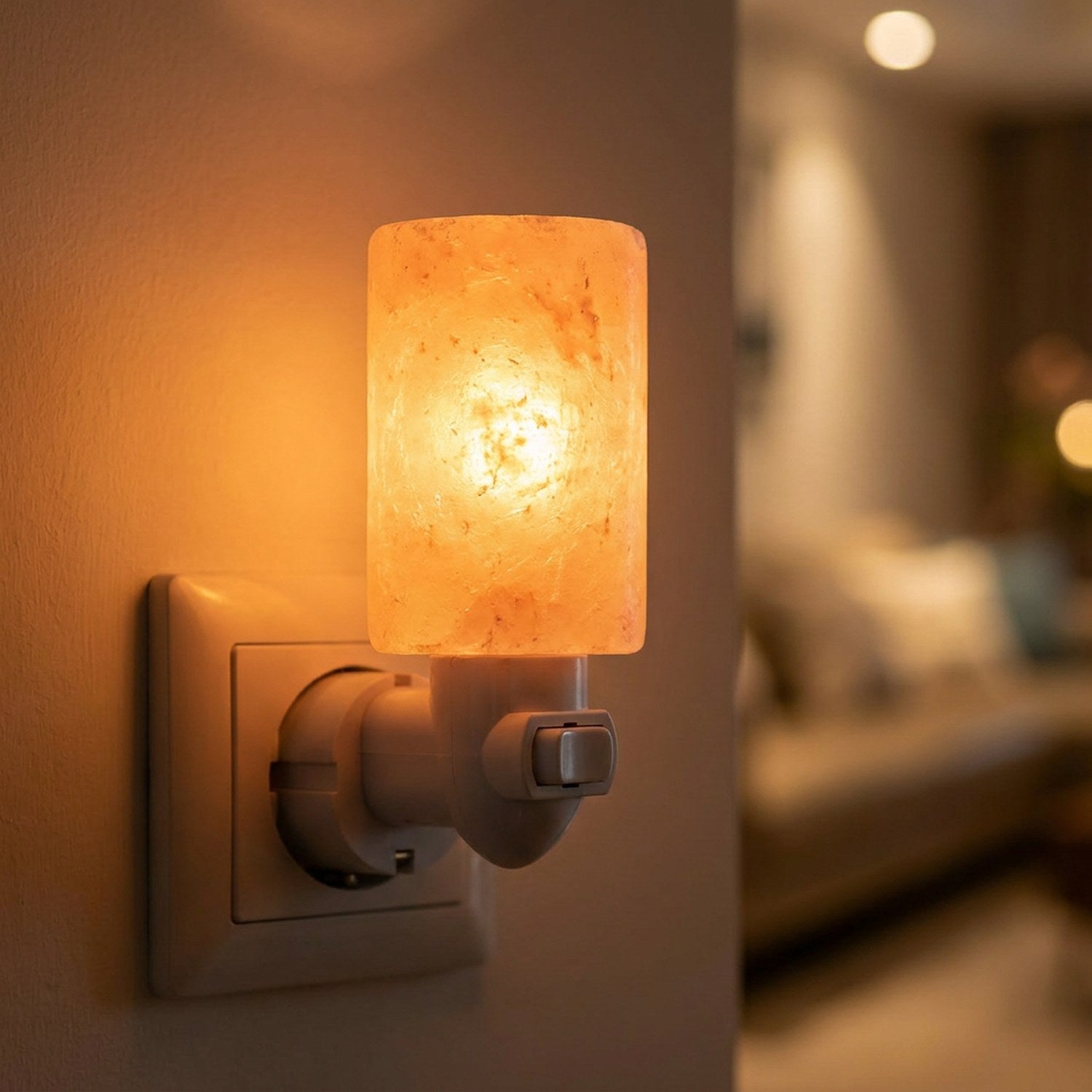 Lampe de sel de l'Himalaya modèle cylindre sculpté allumé