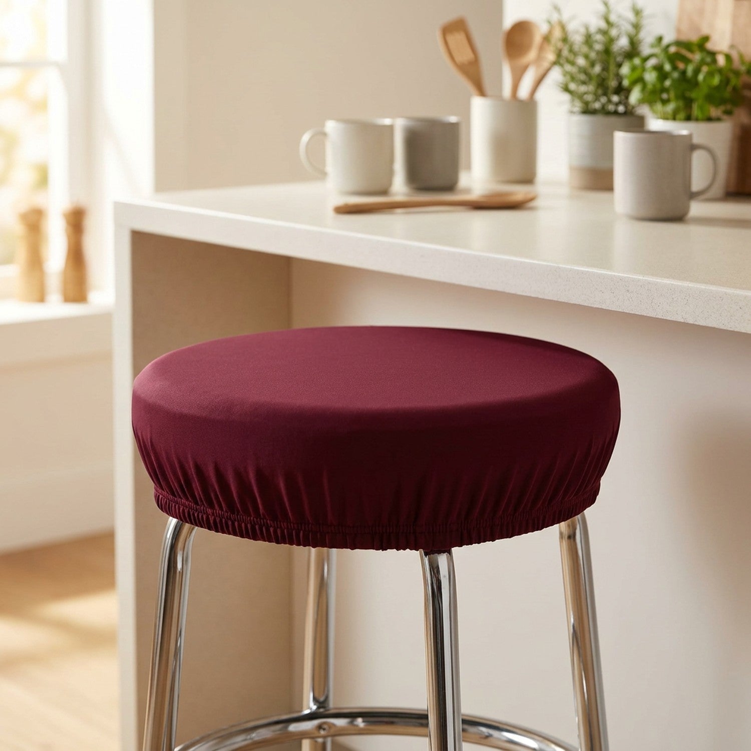 Housse de tabouret ronde élastique Bordeaux