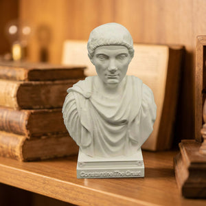 Buste de l empereur romain Constantin en plâtre blanc sur un socle gravé