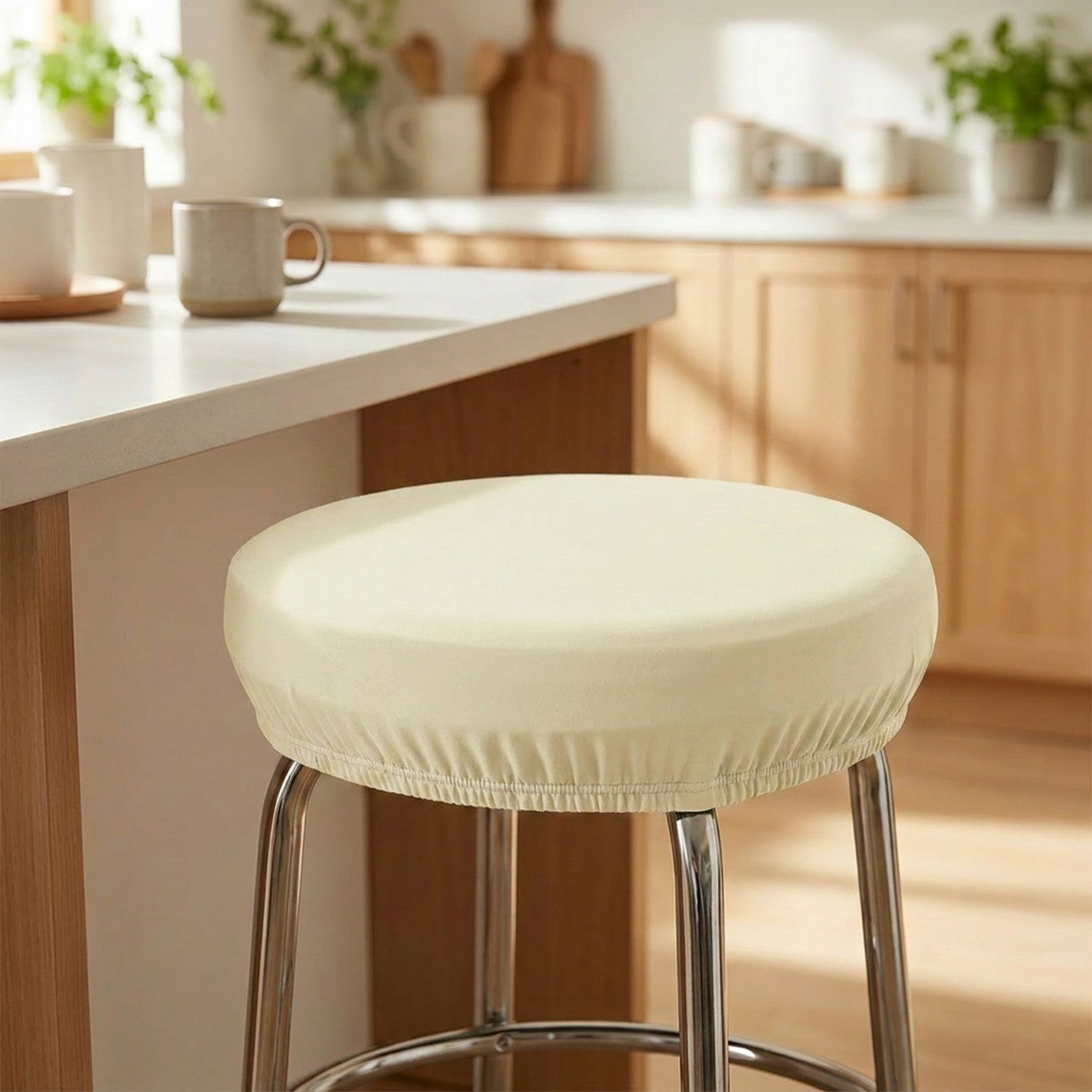 Housse de tabouret ronde élastique Crème