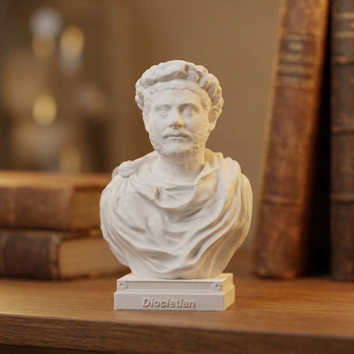 Buste de l empereur romain Dioclétien en plâtre blanc sur un socle gravé