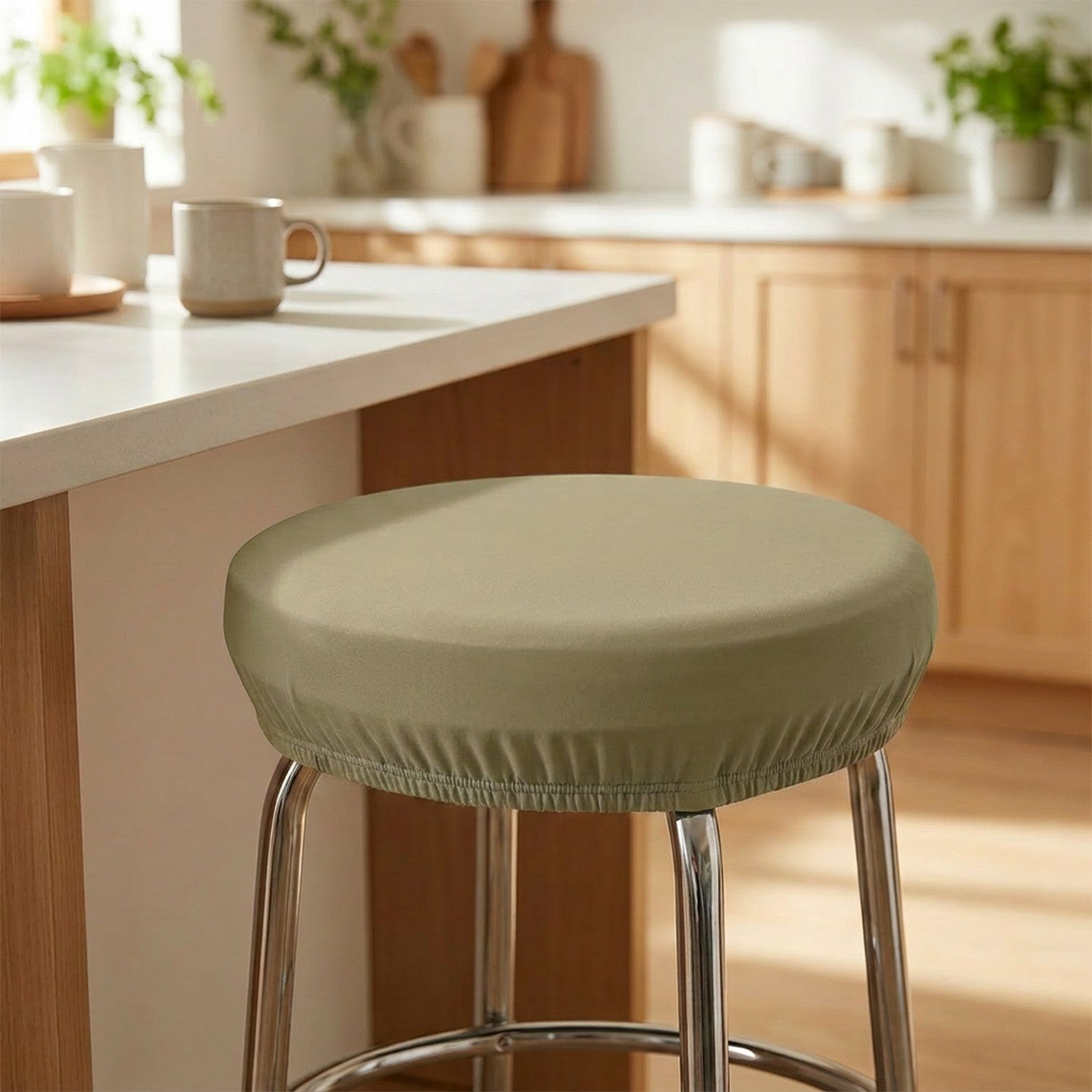 Housse de tabouret ronde élastique Kaki
