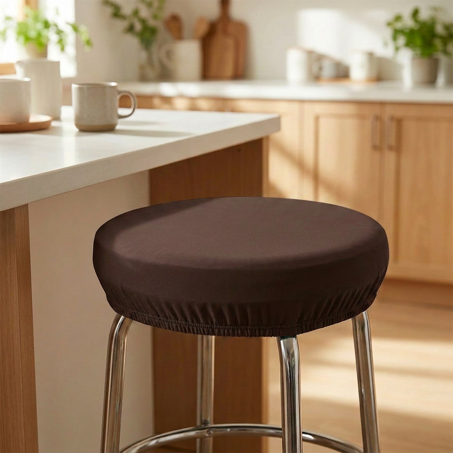 Housse de tabouret ronde élastique Marron