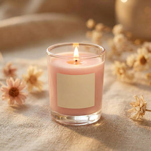 Bougie parfumée rose en cire de soja allumée sur une nappe en lin