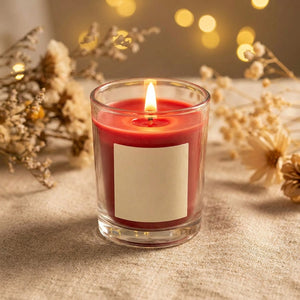Bougie parfumée rouge en cire de soja allumée sur une nappe en lin