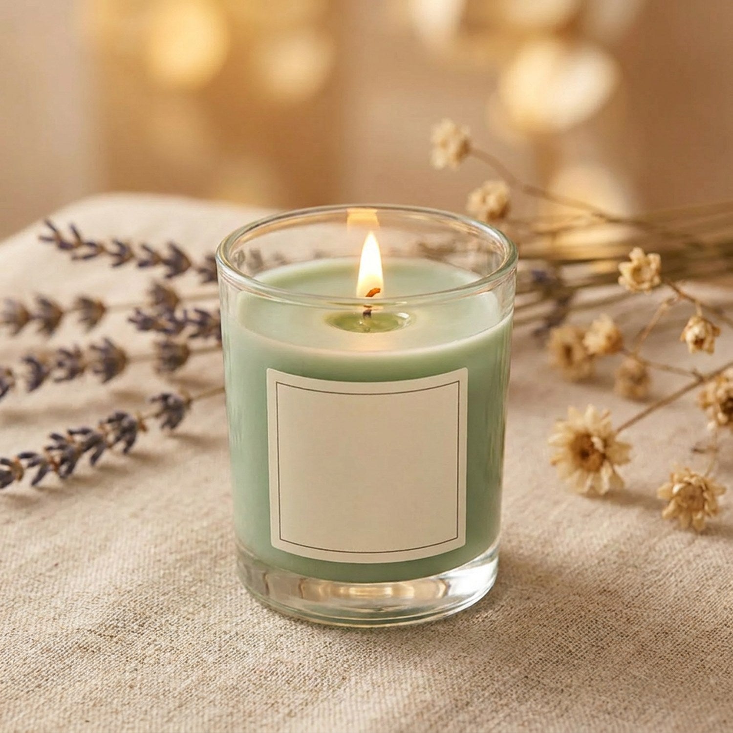 Bougie parfumée verte en cire de soja allumée sur une nappe en lin