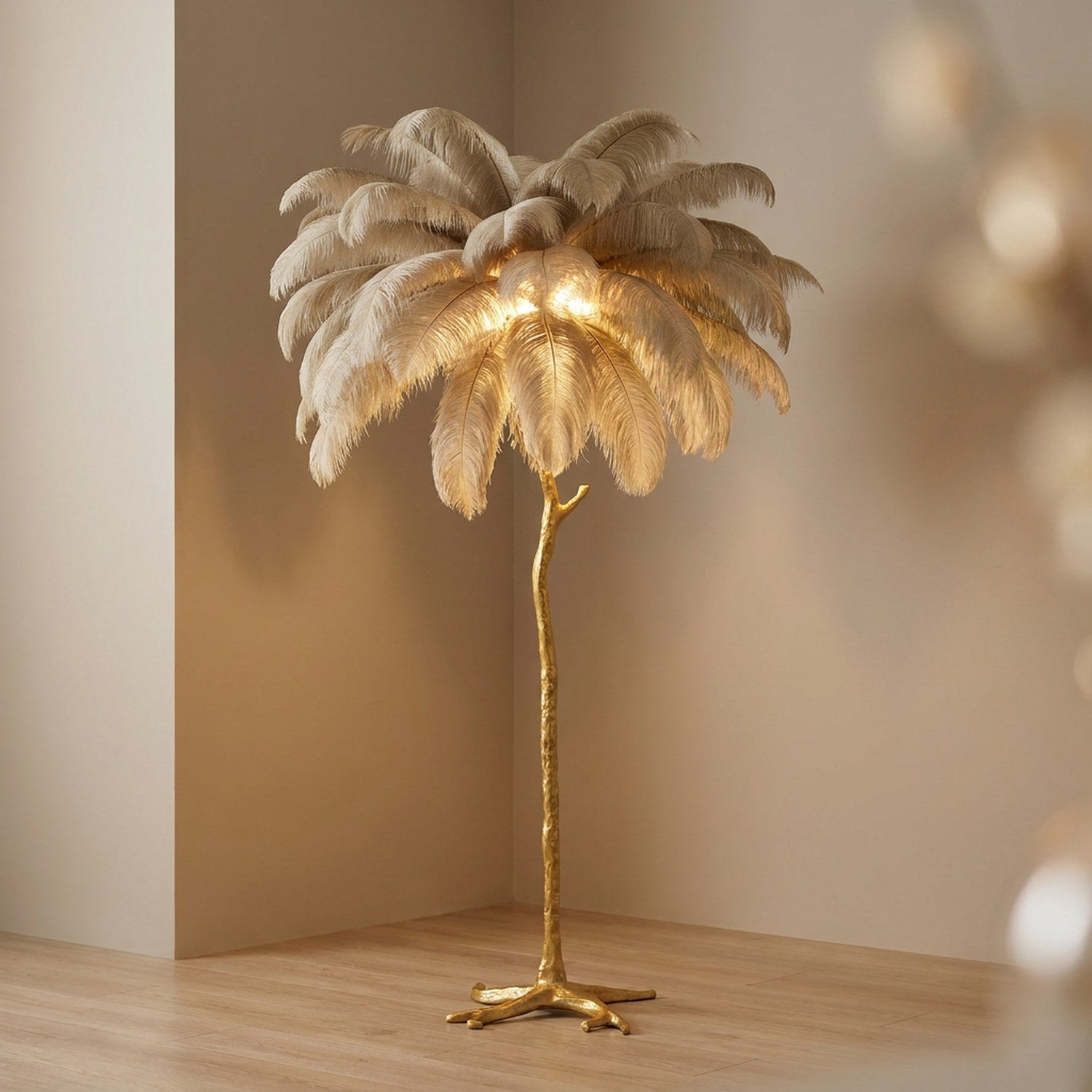 Lampadaire plume d'autruche beige au pied doré