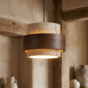 Suspension simple beige en pierre travertin et bois massif