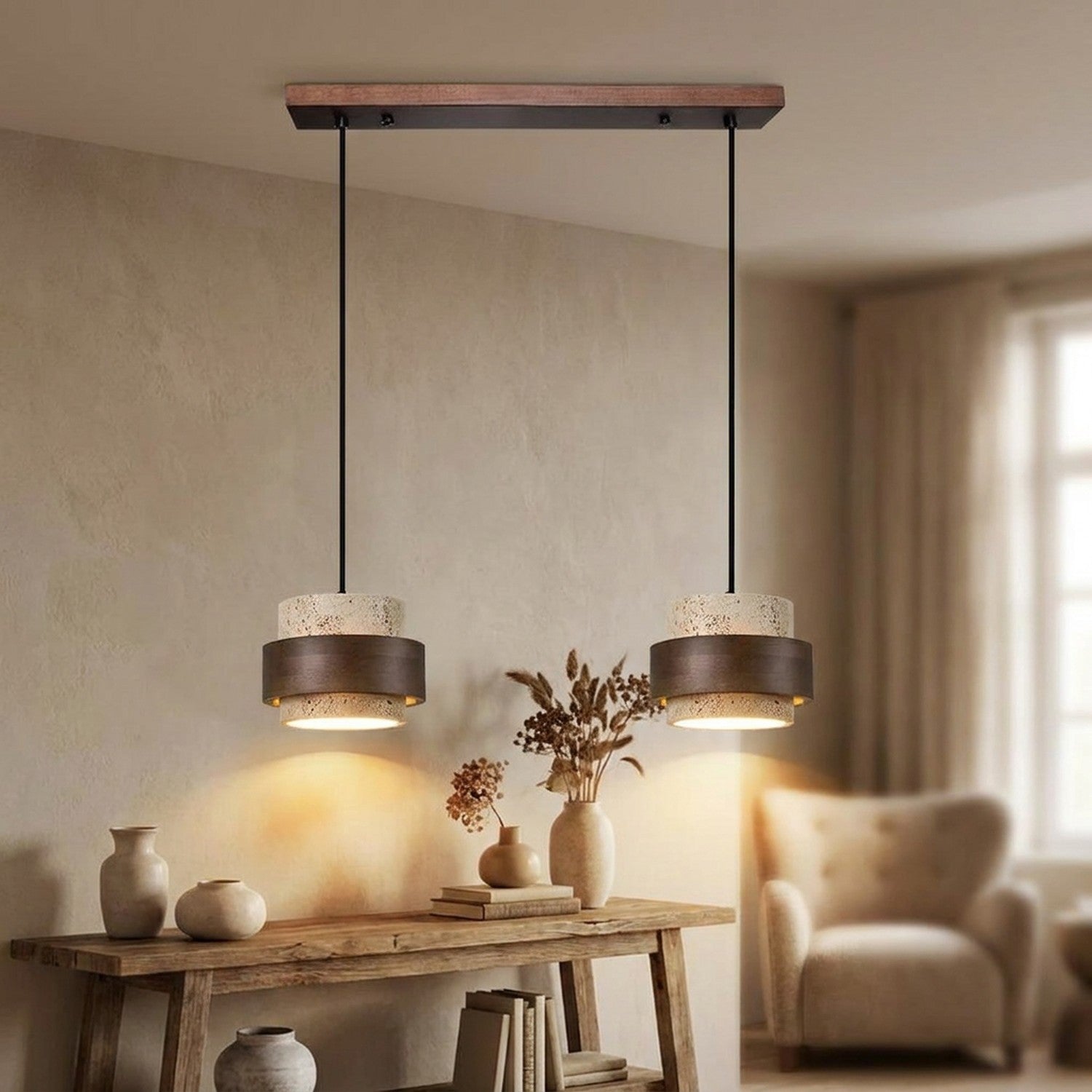 Suspension beige deux lampes sur barre en bois massif