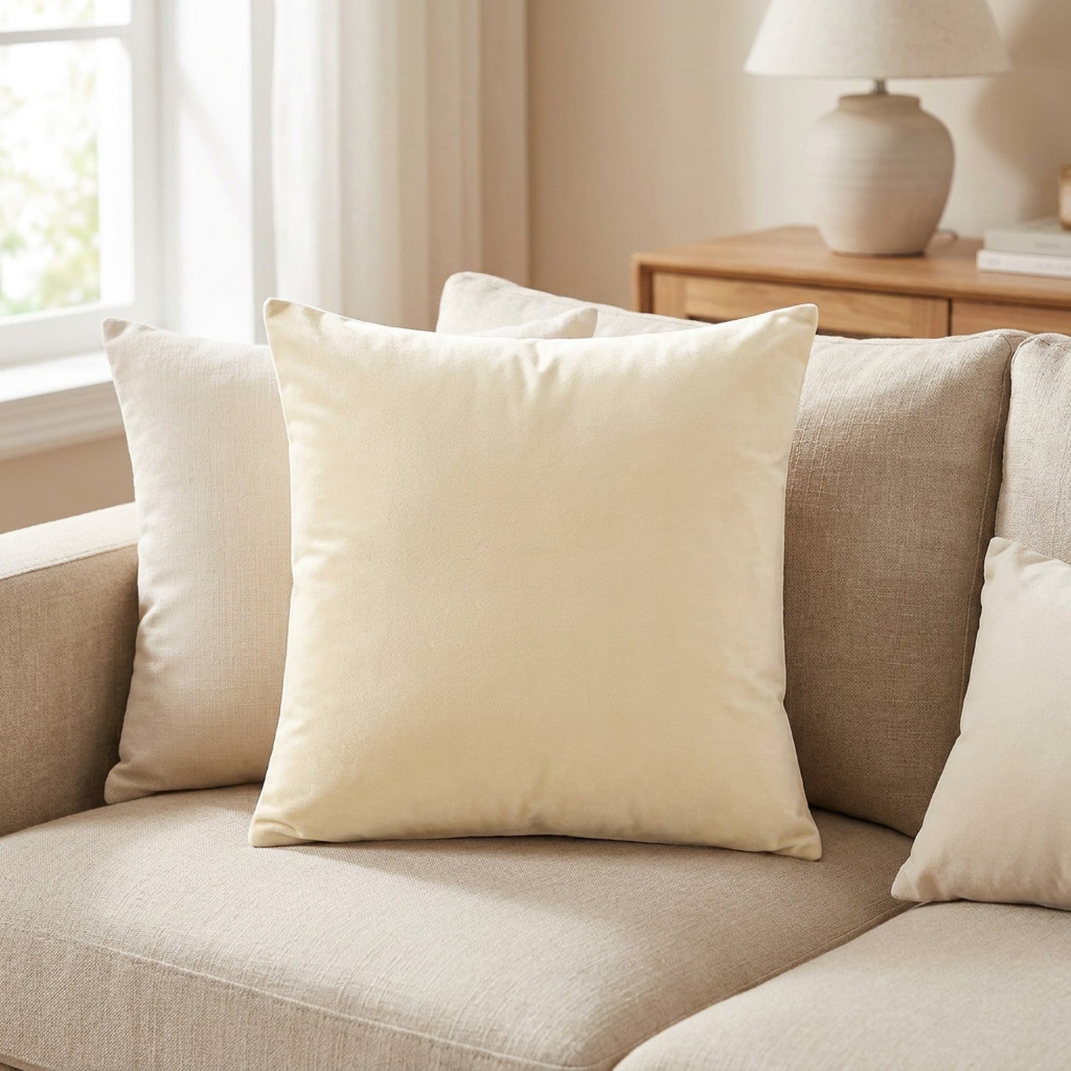 Housse de coussin en velours beige posée sur un canapé en lin clair