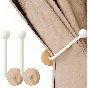 Support de rideau adhésif coloris blanc avec base bois de noyer
