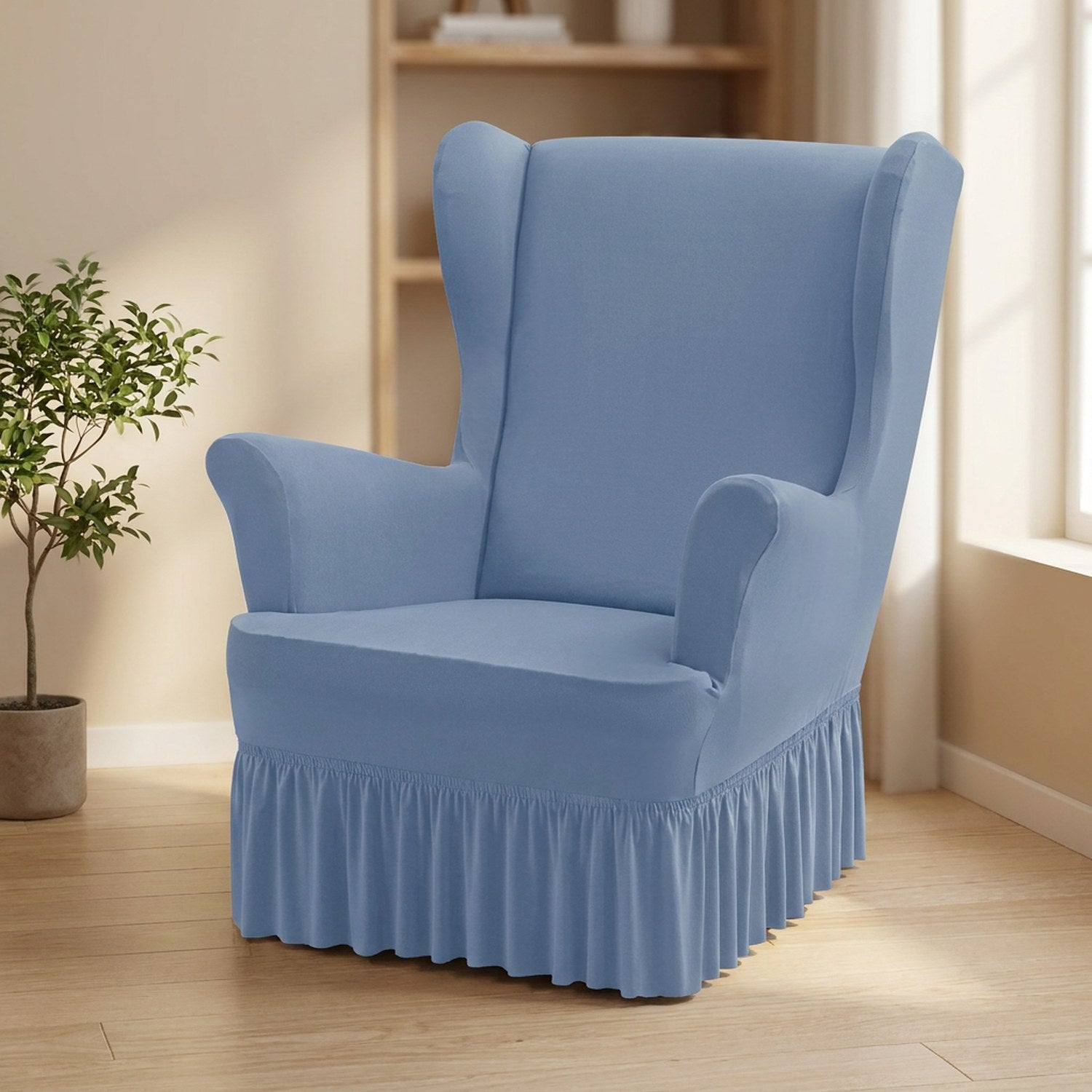 Housse de fauteuil à oreilles bleu clair avec jupe à volants