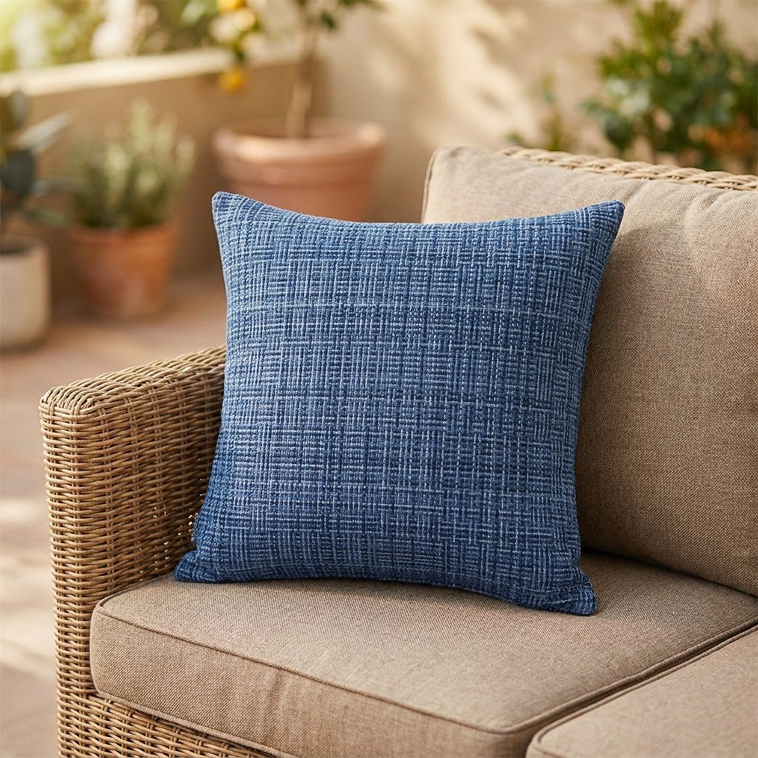 Housse de coussin d'extérieur imperméable bleue au tissage texturé sur un canapé en rotin