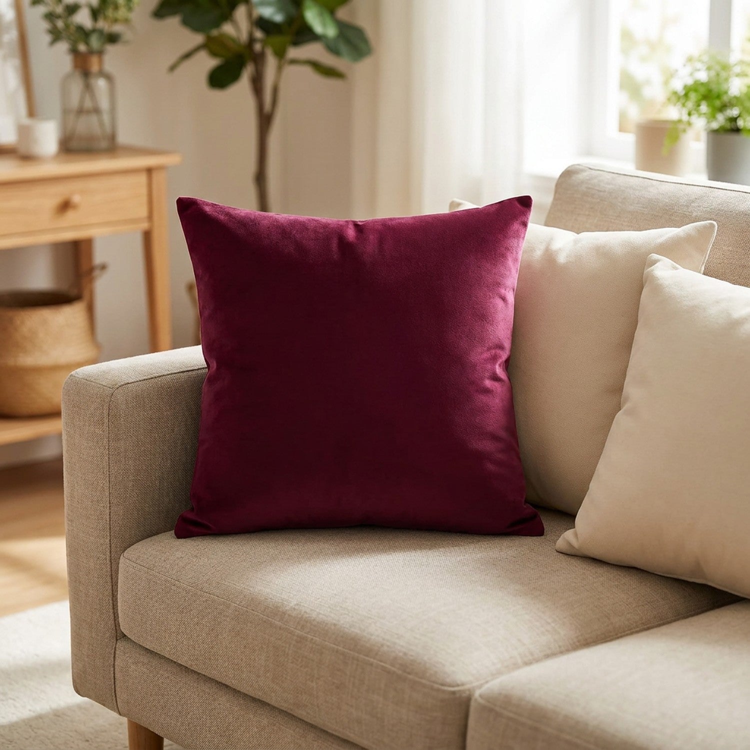 Housse de coussin en velours bordeaux posée sur un canapé en lin clair