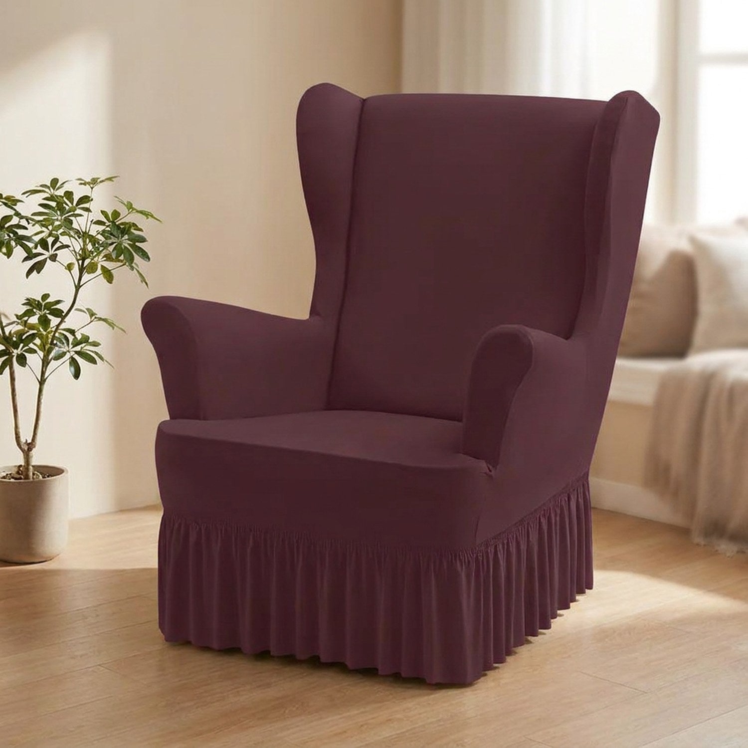 Housse de fauteuil à oreilles bordeaux avec jupe à volants