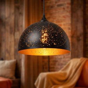 Suspension vintage Dôme Plat en fer noir, intérieur doré moucheté