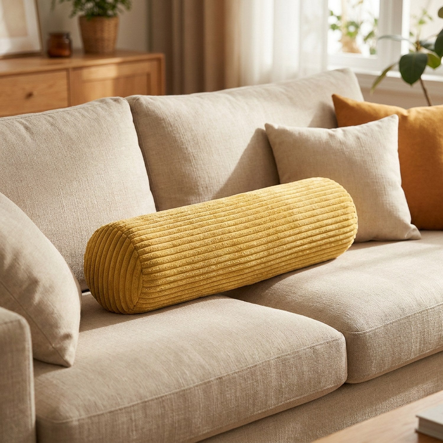 Traversin cylindrique en velours côtelé couleur dorée sur un canapé beige