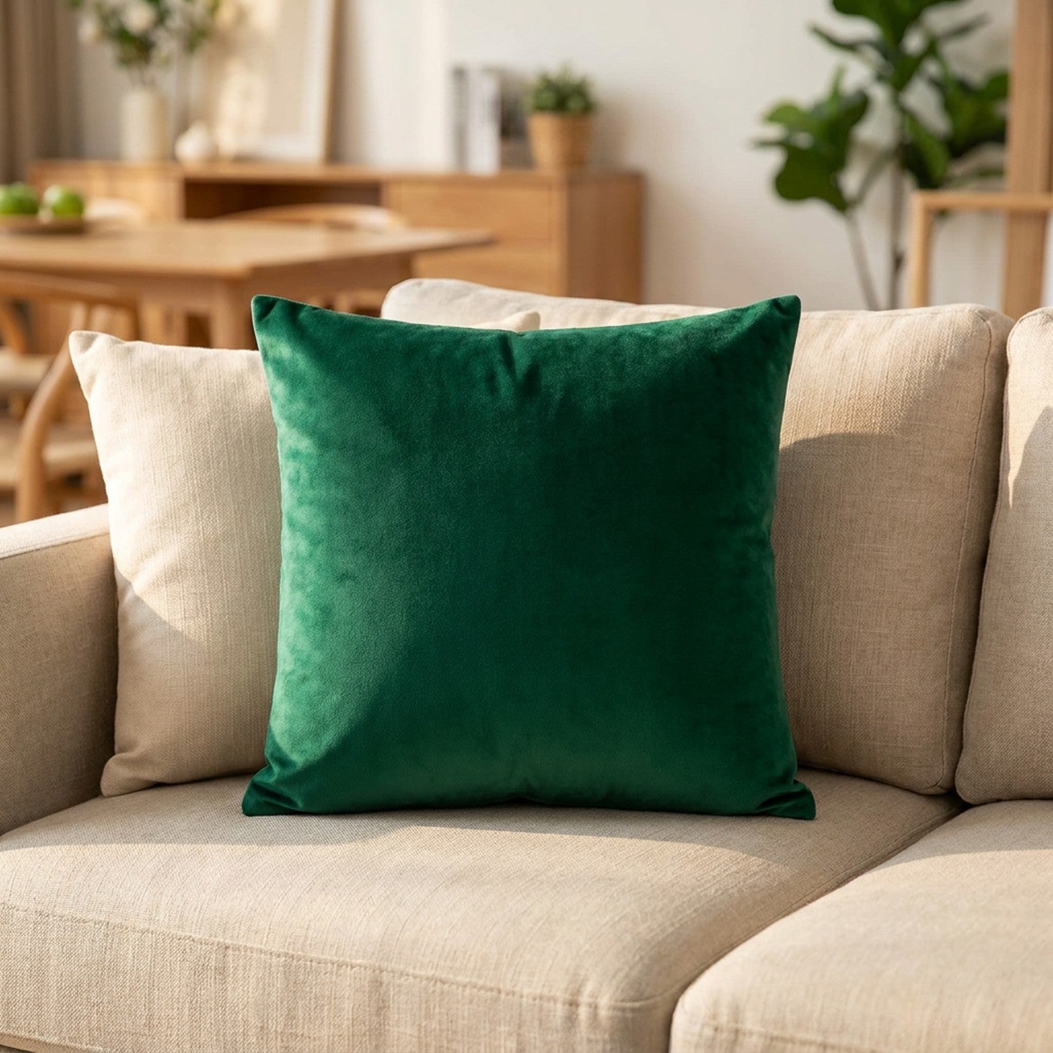 Housse de coussin en velours vert émeraude posée sur un canapé en lin clair