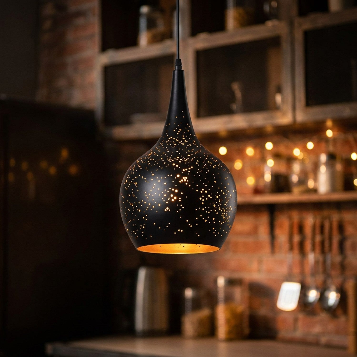 Suspension vintage Gourde en fer noir, constellation dorée illuminée