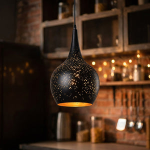 Suspension vintage Gourde en fer noir, constellation dorée illuminée