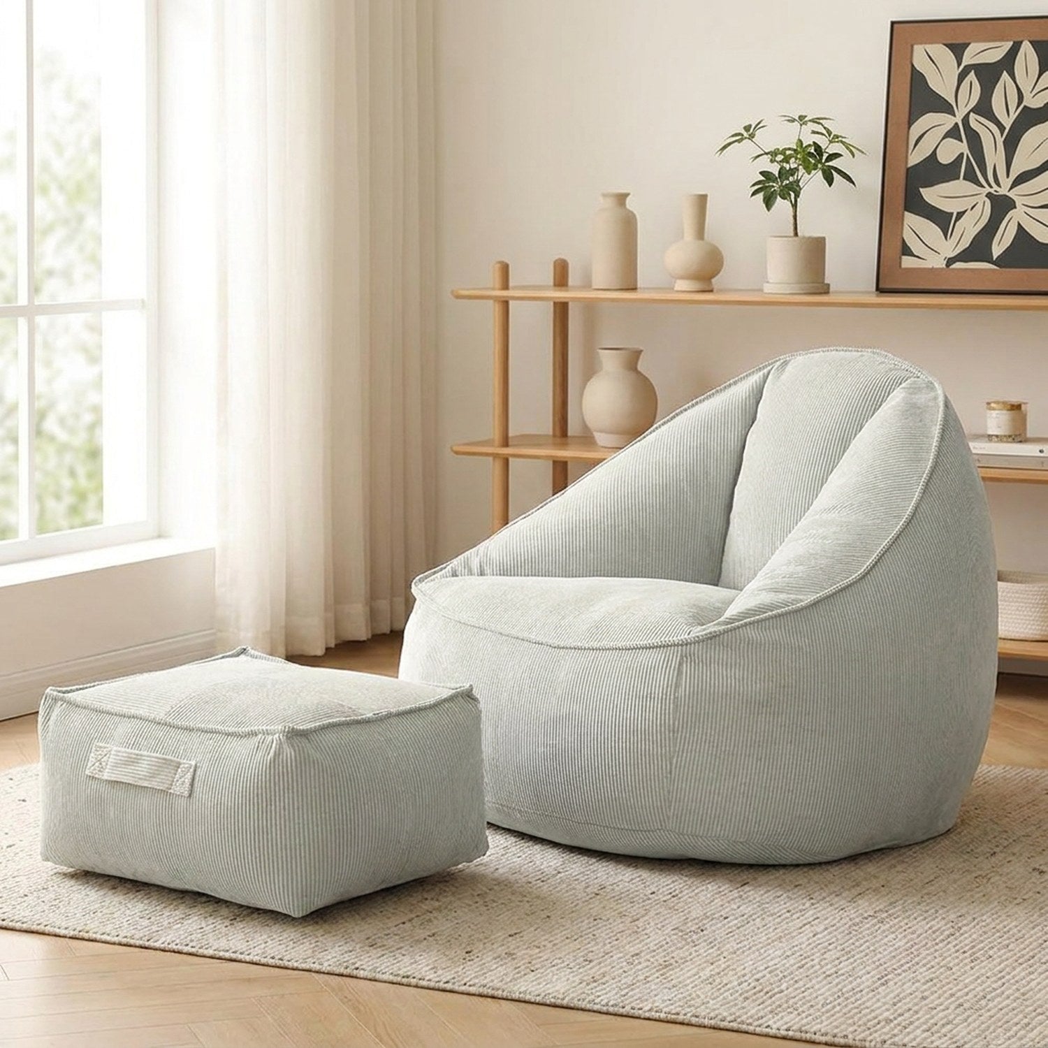 Fauteuil pouf et repose-pieds en velours côtelé gris clair