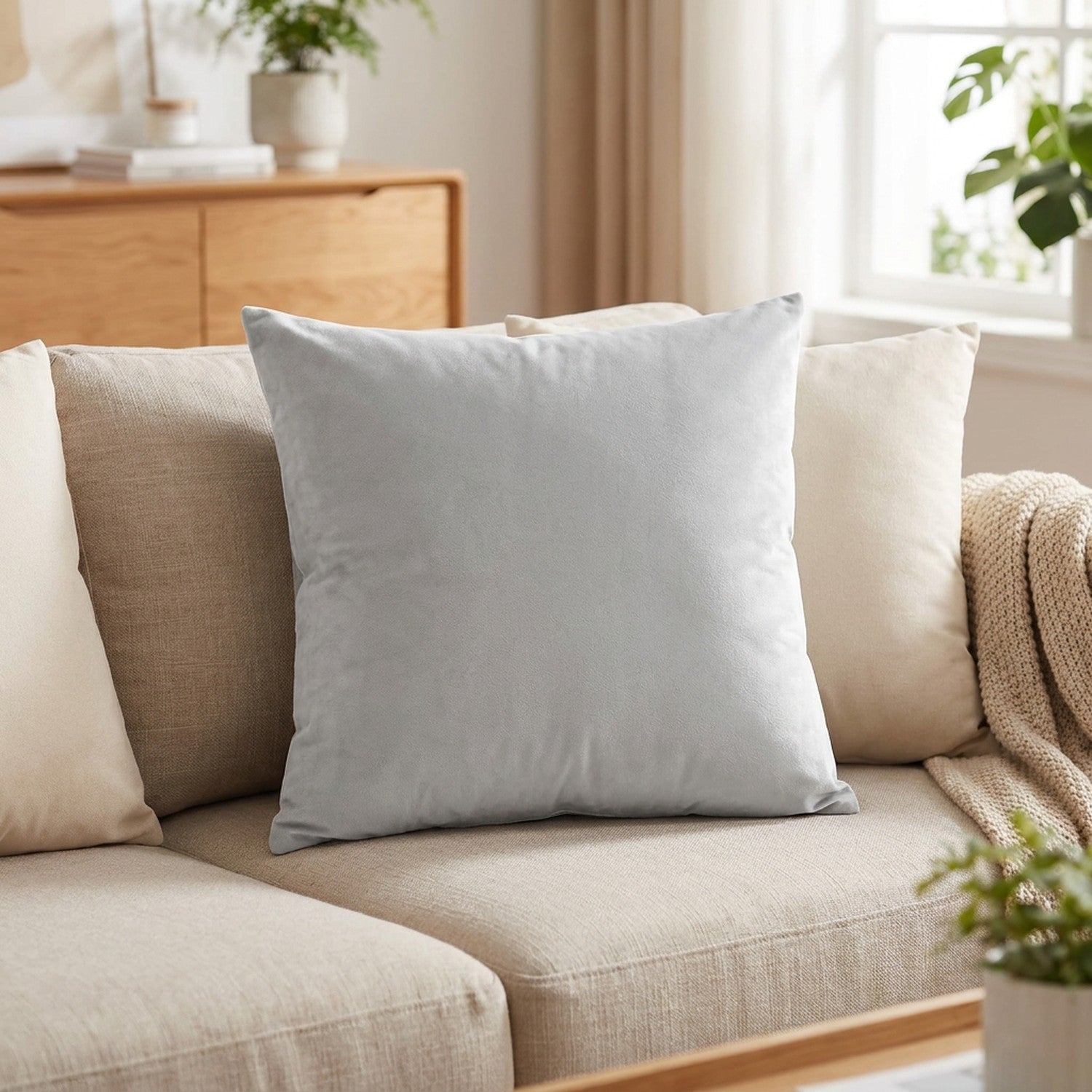 Housse de coussin en velours gris clair posée sur un canapé en lin clair