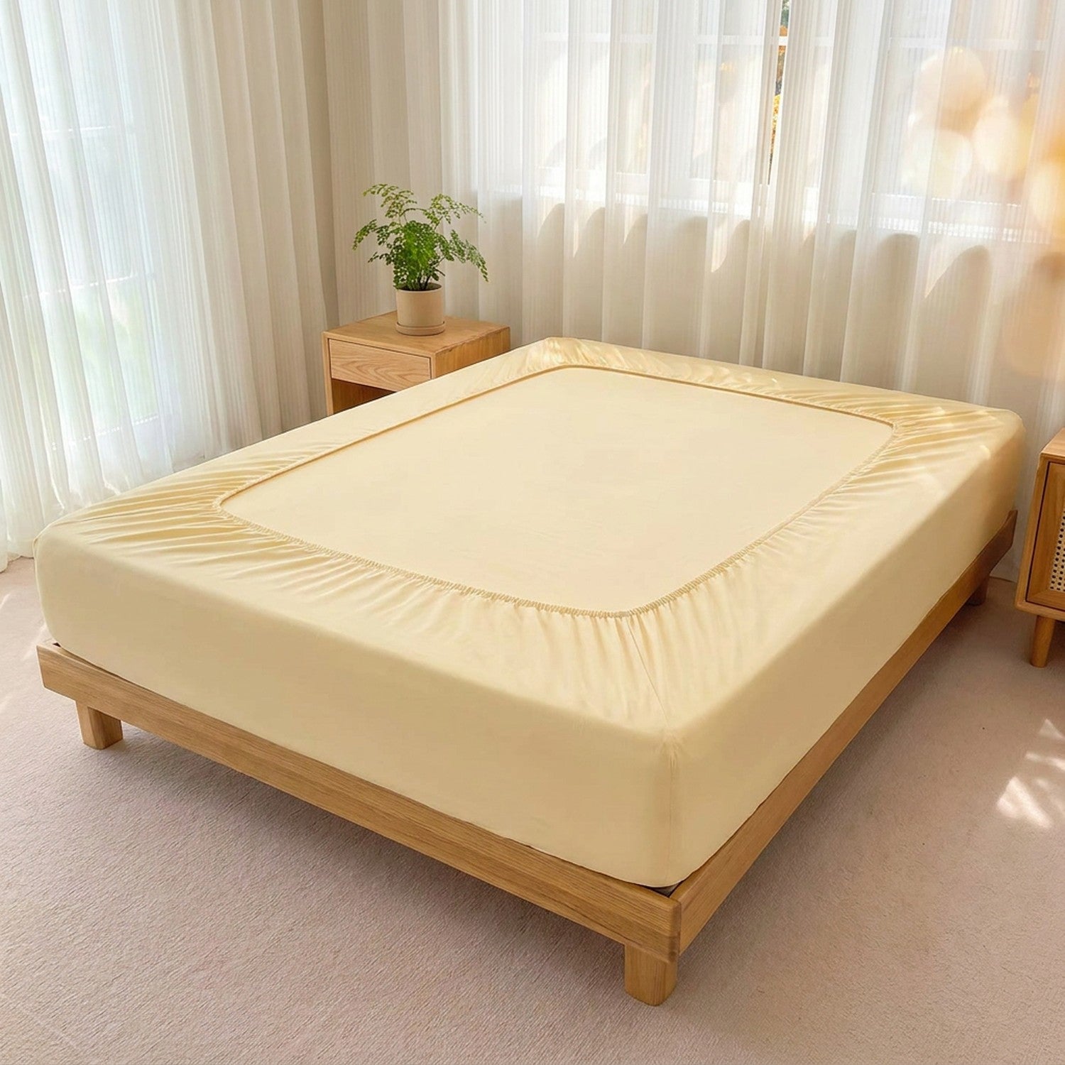 Drap-housse jaune pâle extensible sur un lit dans une chambre claire et aérée
