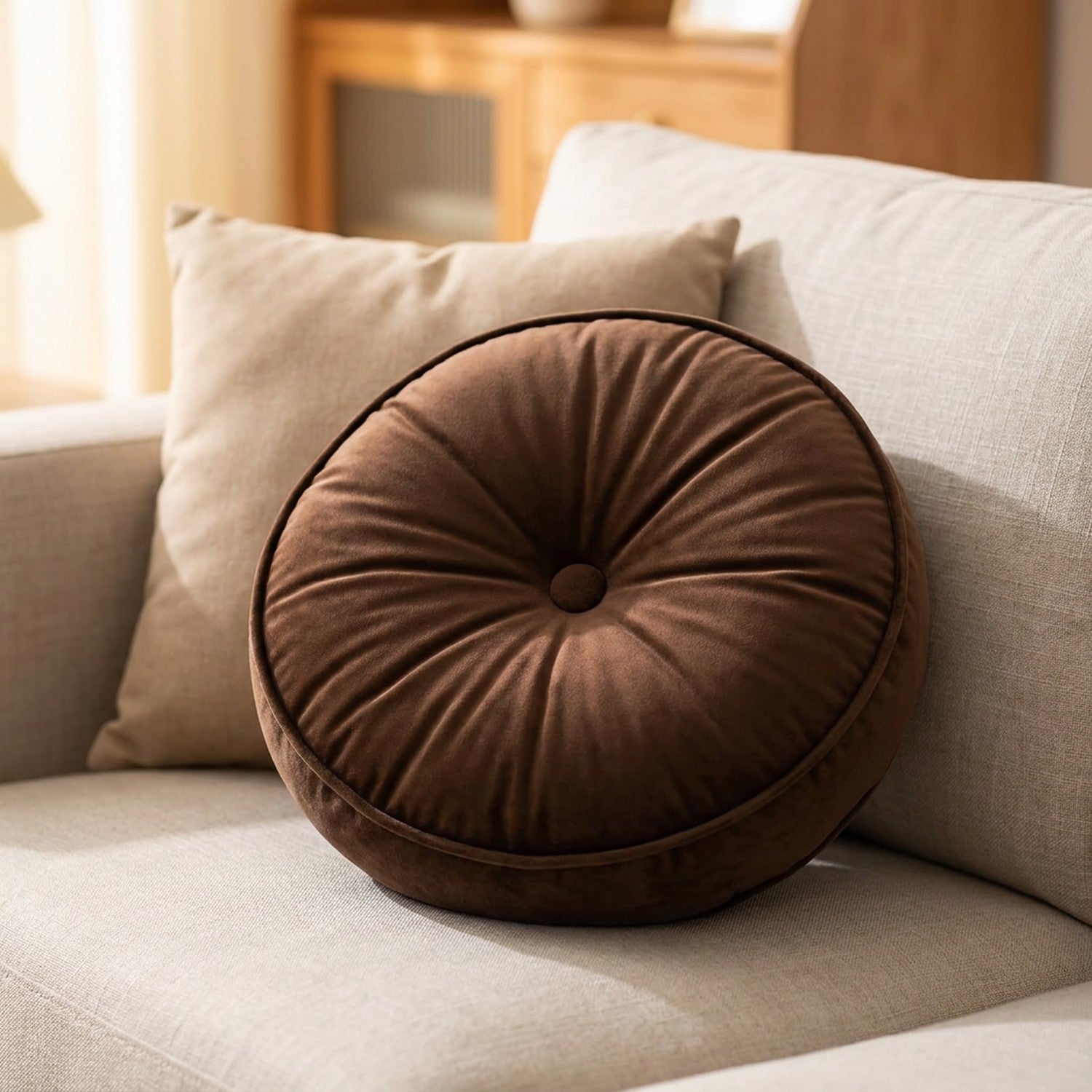 Housse de coussin ronde en velours Marron