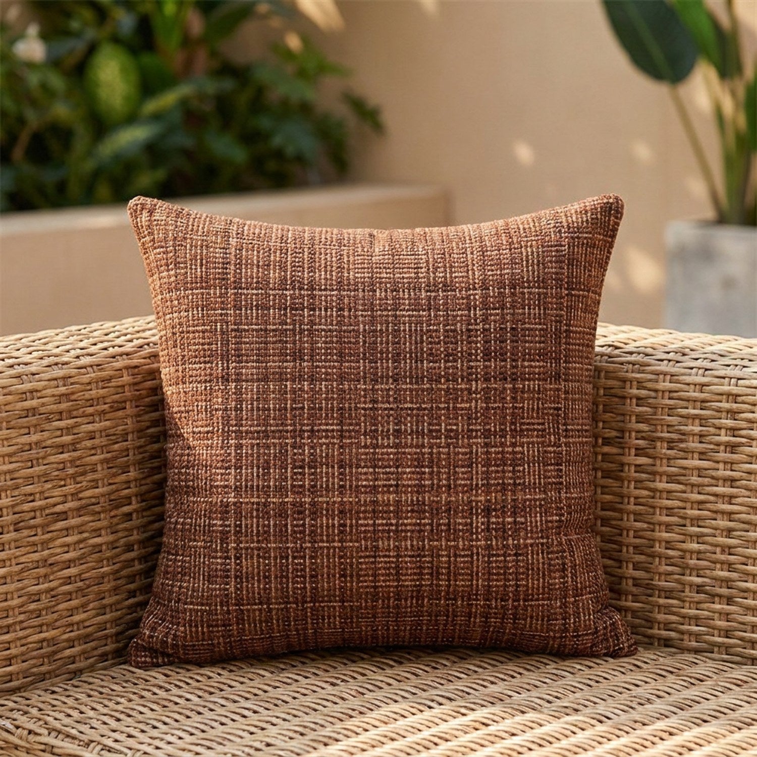 Housse de coussin d'extérieur imperméable marron au tissage texturé sur un canapé en rotin