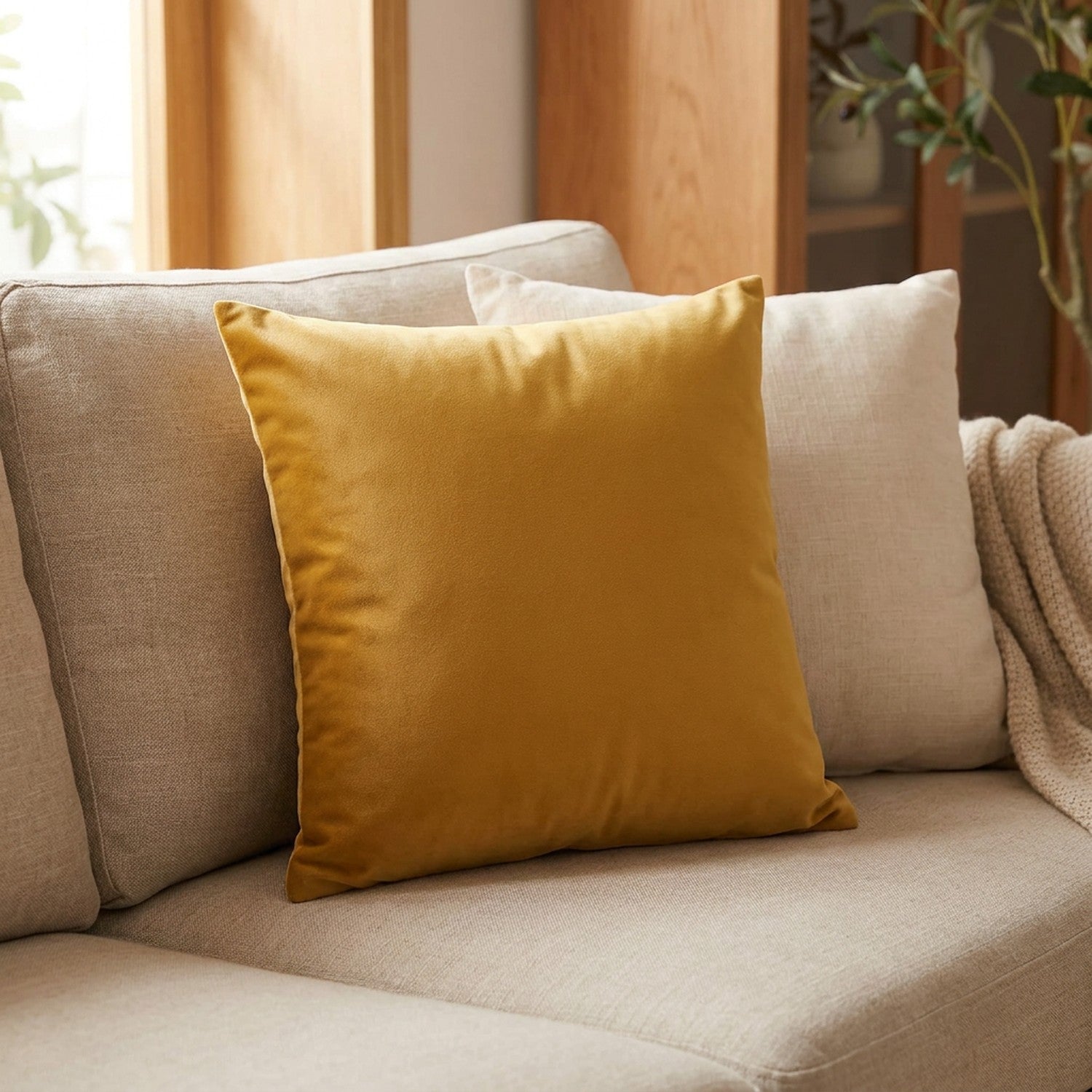 Housse de coussin en velours moutarde posée sur un canapé en lin clair