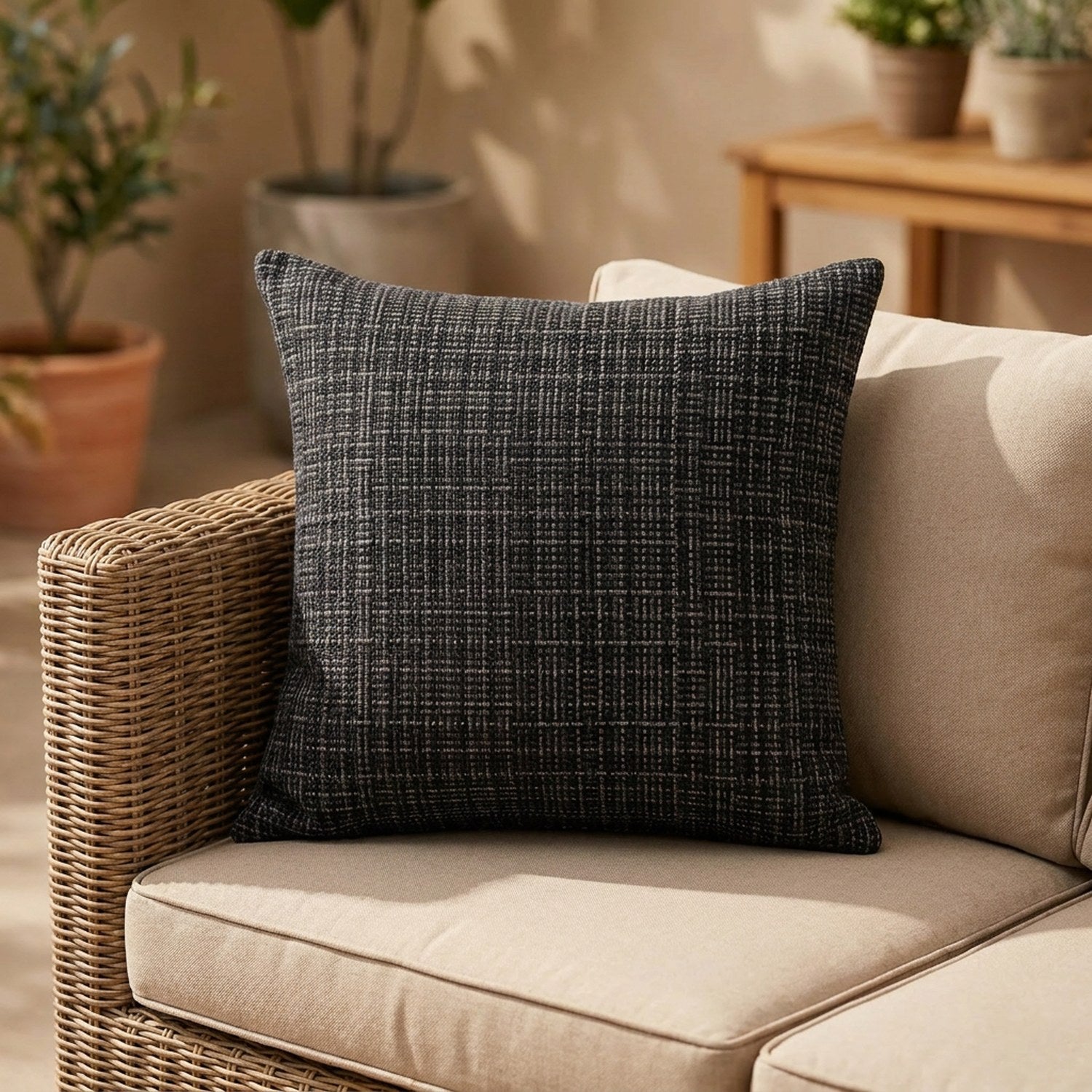 Housse de coussin d'extérieur imperméable noire au tissage texturé sur un canapé en rotin