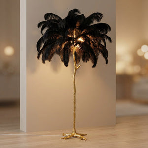 Lampadaire plume d'autruche noir au pied doré