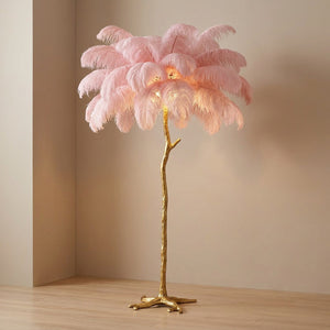 Lampadaire plume d'autruche rose au pied doré