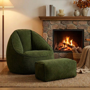 Fauteuil pouf et repose-pieds en velours côtelé vert foncé