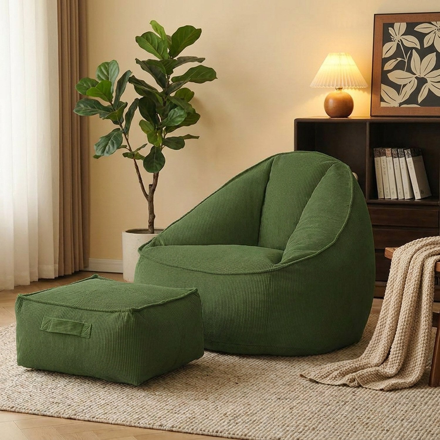 Fauteuil pouf et repose-pieds en velours côtelé vert