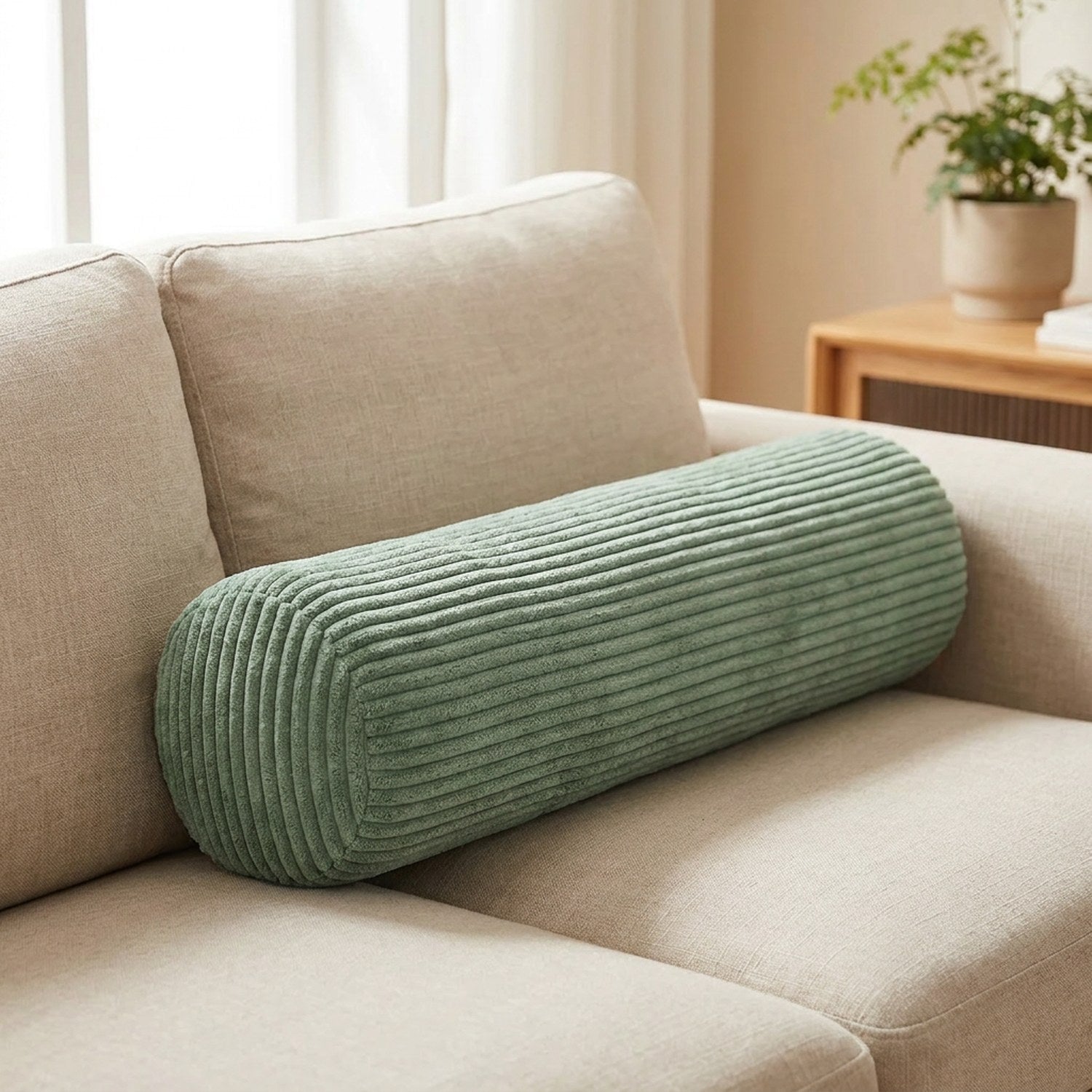 Traversin cylindrique en velours côtelé vert clair sur un canapé beige