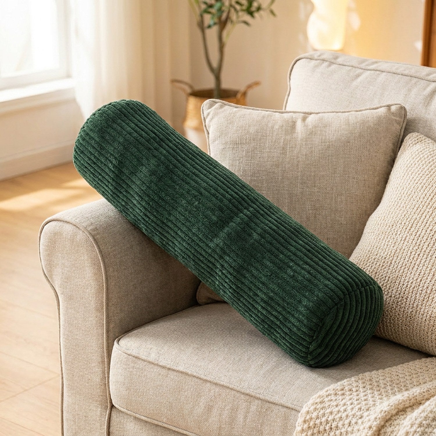 Traversin cylindrique en velours côtelé vert foncé sur un canapé beige