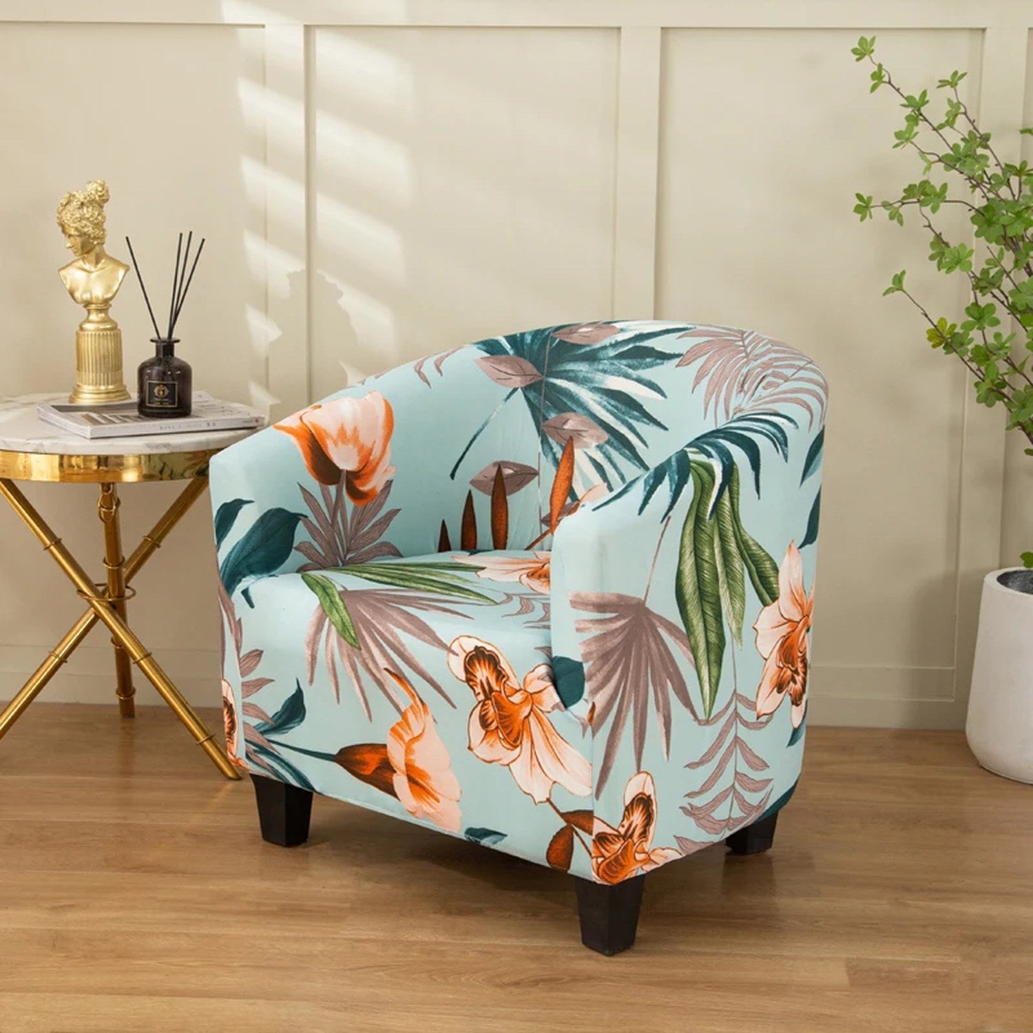 Housse de fauteuil cabriolet motif tropical sur fond turquoise clair