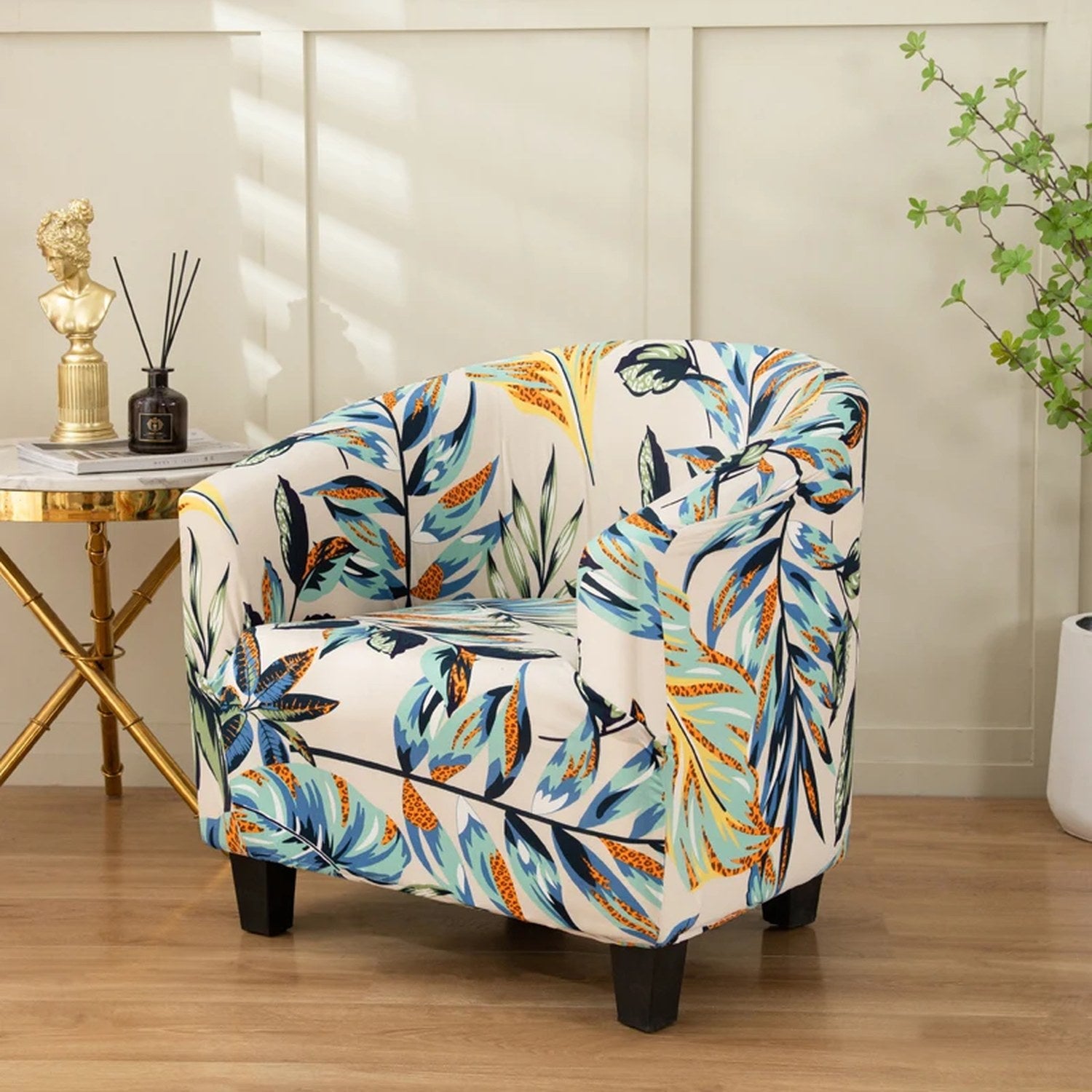 Housse de fauteuil cabriolet motif jungle tropicale crème et bleu canard