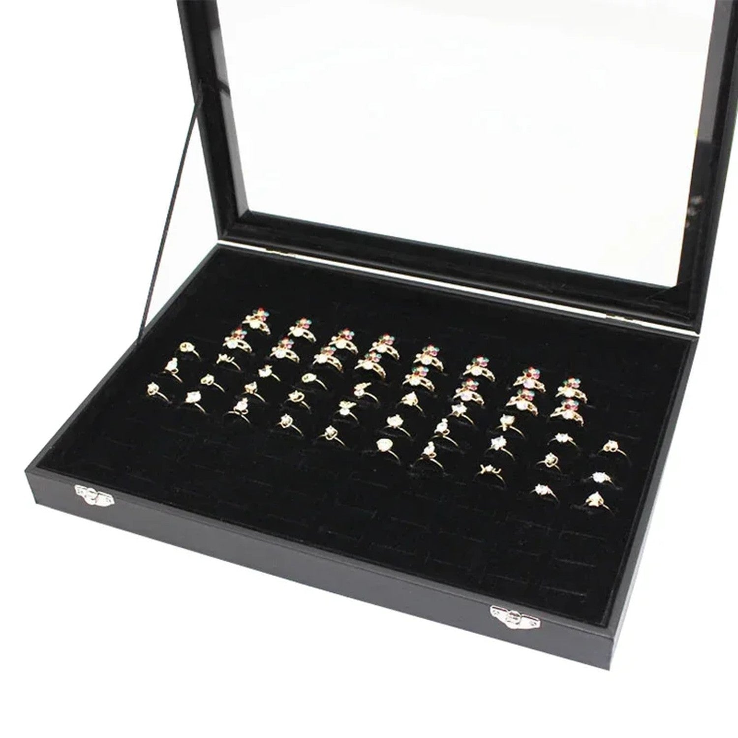 Plateau 100 emplacements bagues velours noir couvercle verre
