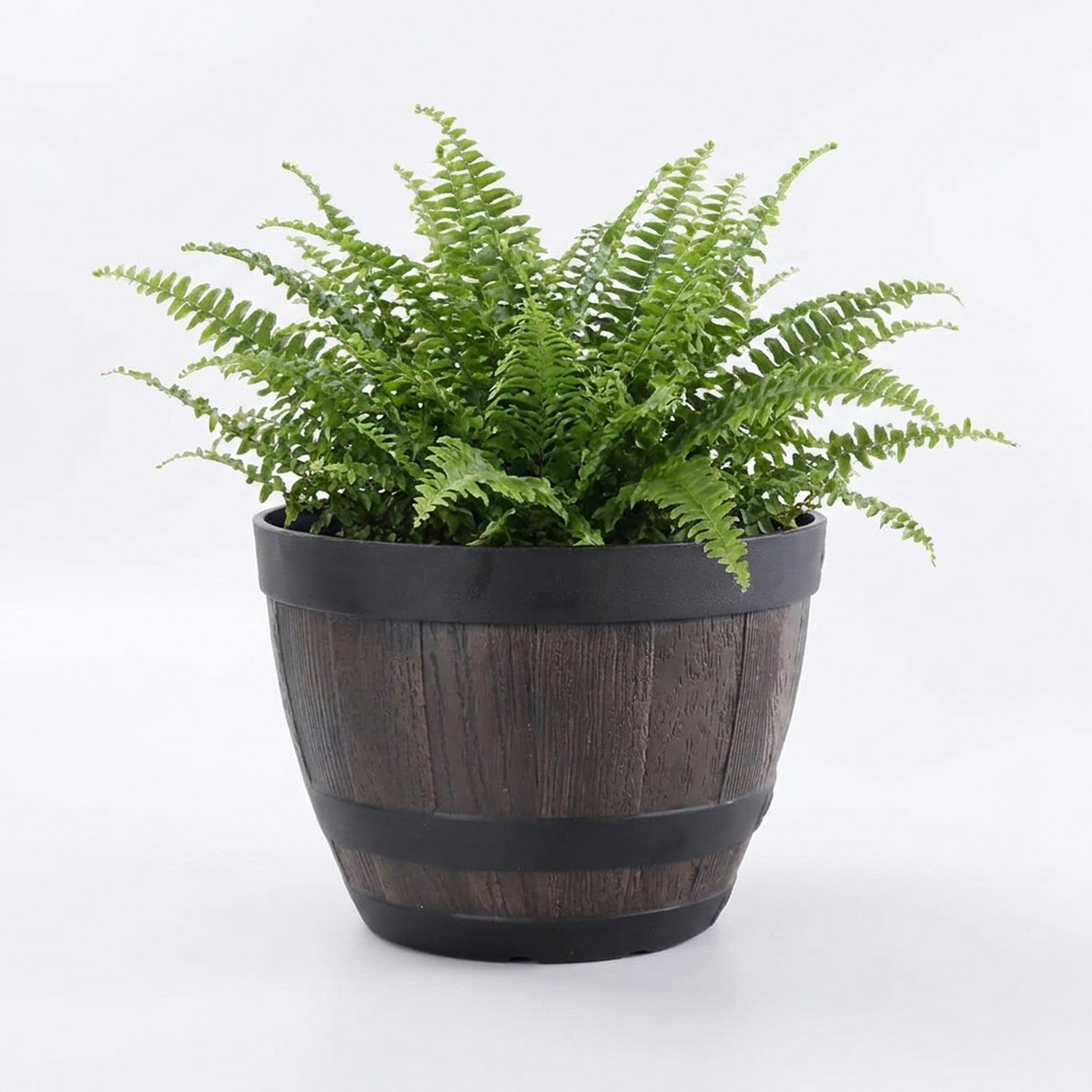 Pot de fleur tonneau 1 pièce en résine imitation bois avec plante verte fond neutre