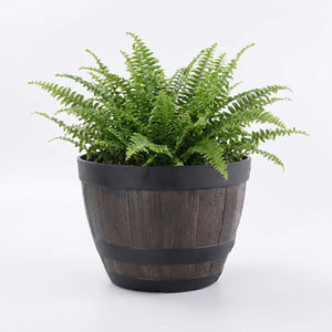Pot de fleur tonneau 1 pièce en résine imitation bois avec plante verte fond neutre