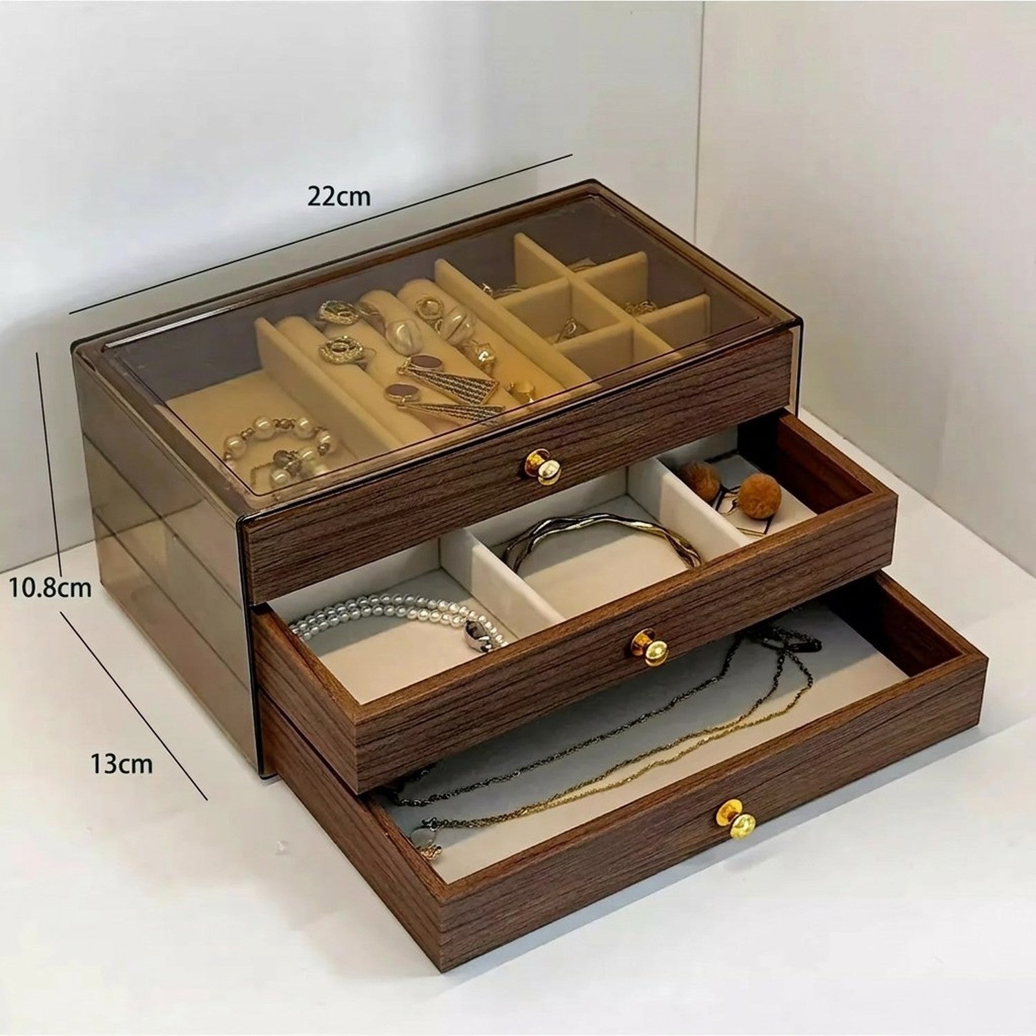 Boîte à bijoux modèle Trois-en-un avec dimensions 22×13×10.8cm