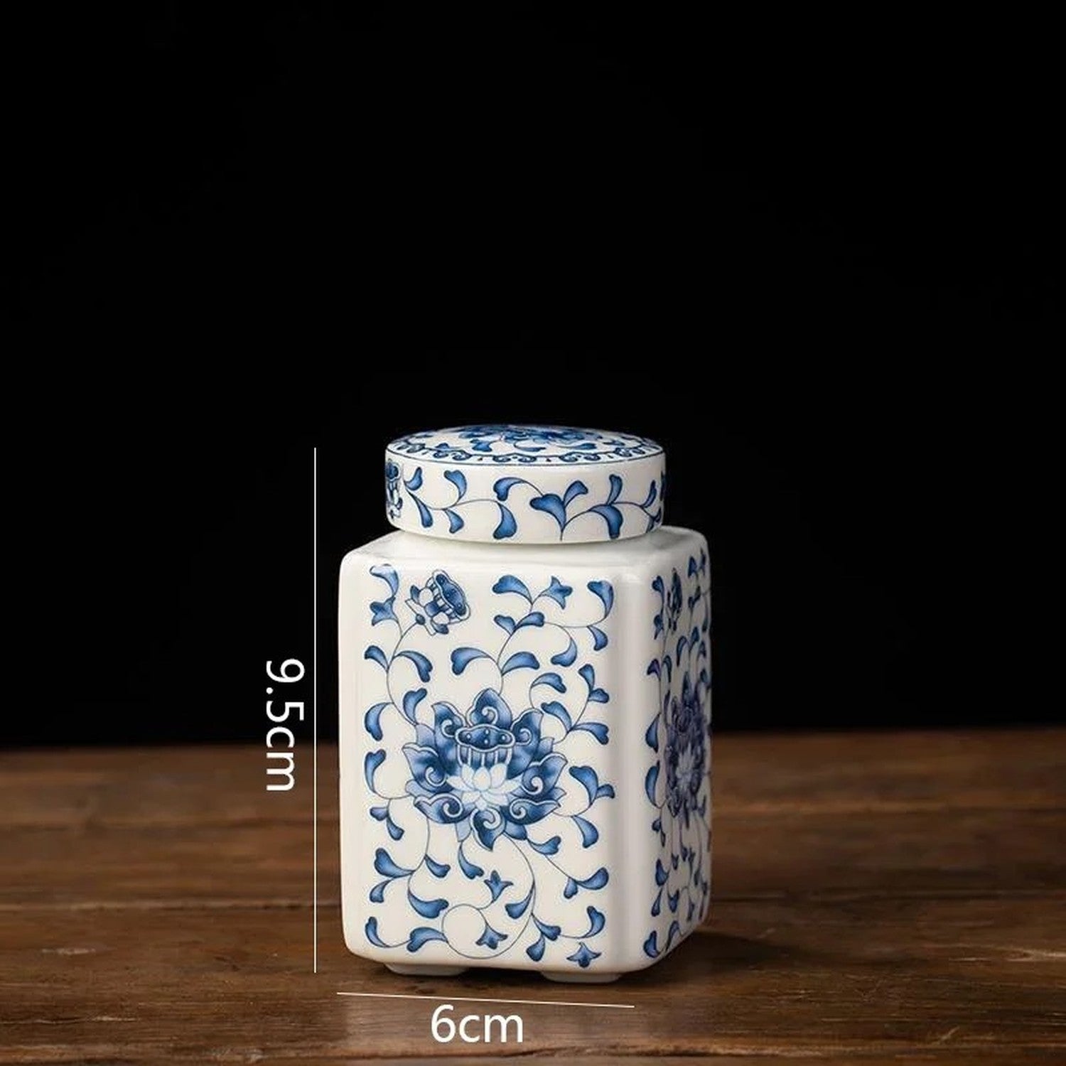 Pot à thé carré porcelaine bleue motif lotus vue produit