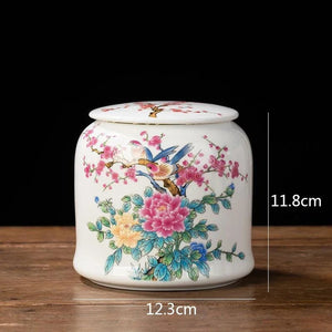 Pot à thé cylindrique oiseaux et fleurs colorée